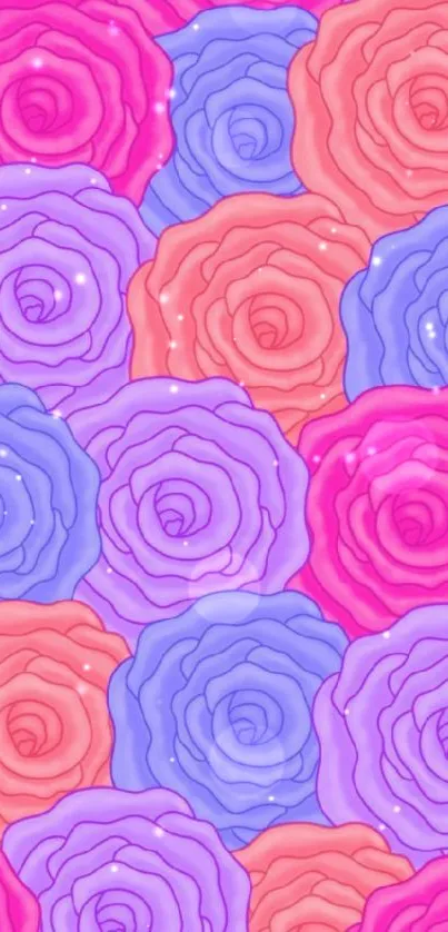 Colorful floral wallpaper with roses in purple, pink, and orange hues.