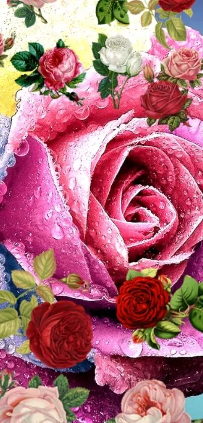 Colorful wallpaper with pink roses and dewdrops.