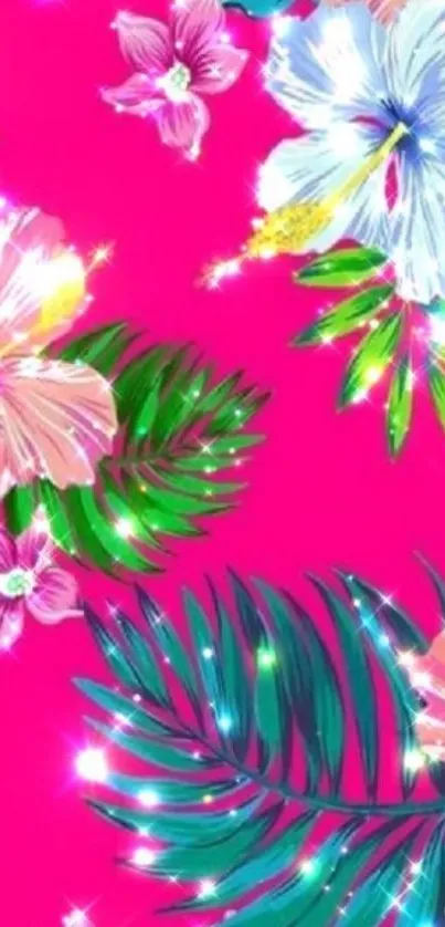 Vibrant tropical floral wallpaper with pink background.