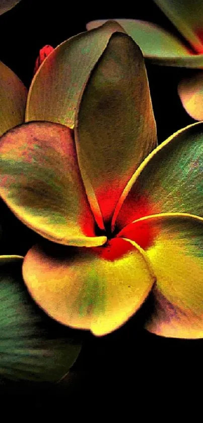 Vibrant plumeria flowers on a dark background mobile wallpaper.