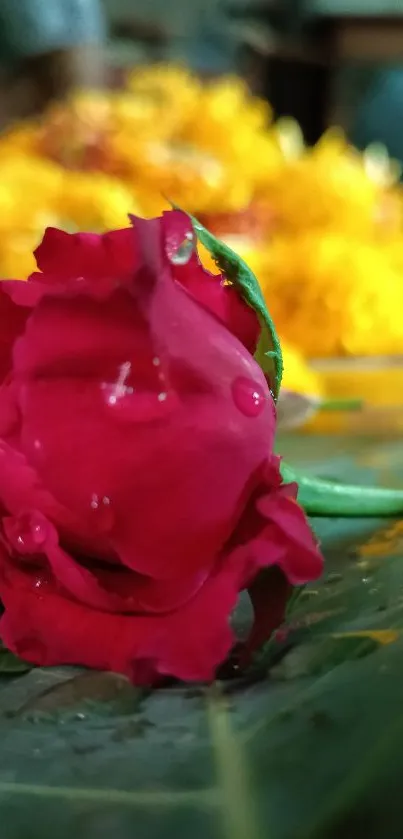 Close-up of a vibrant red rose with dewdrops on a green leaf.