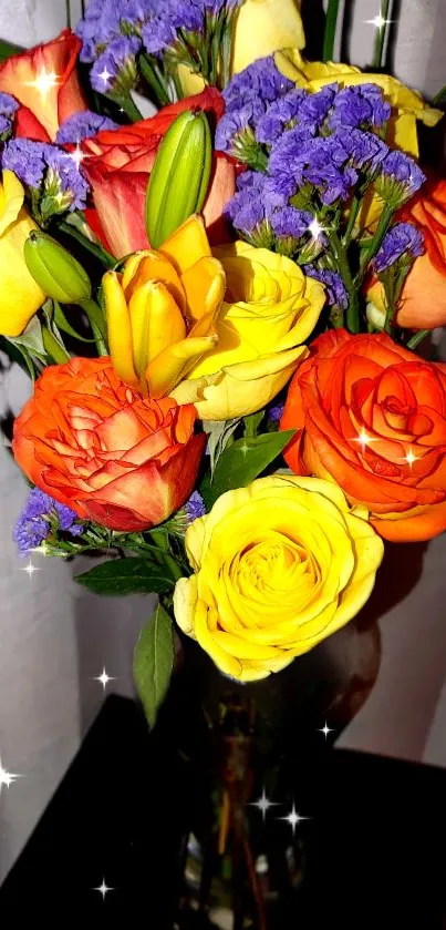 Vibrant bouquet with roses and lilies in a lively arrangement.