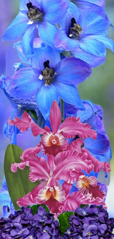 Vibrant phone wallpaper with blue flowers and pink orchids.