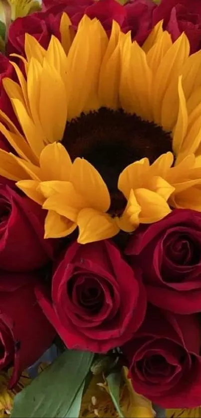 Vibrant phone wallpaper featuring sunflower and red roses.