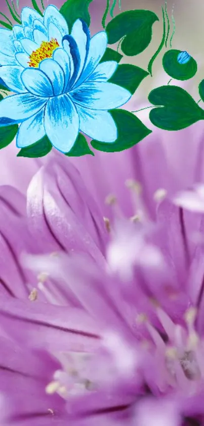 Vibrant purple and blue floral wallpaper for mobile screens.