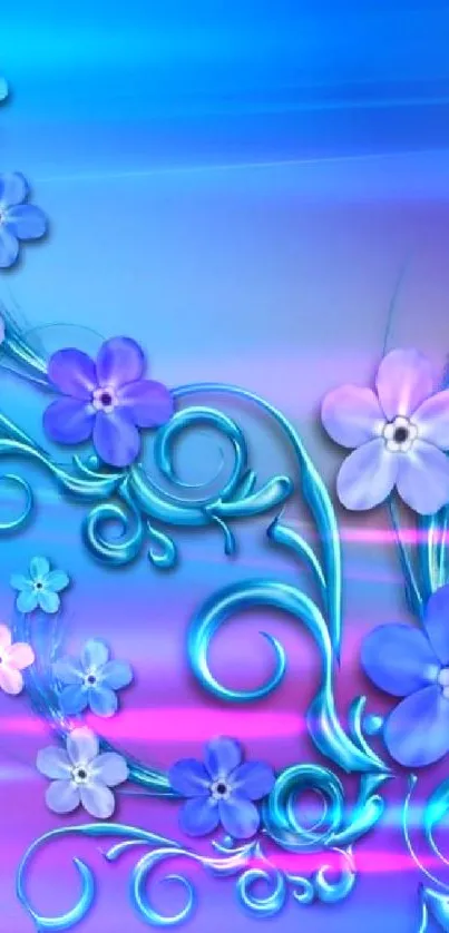 Vibrant blue floral wallpaper with swirls.