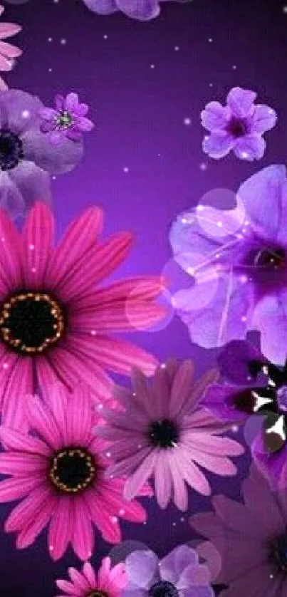 Vibrant purple and pink floral wallpaper.