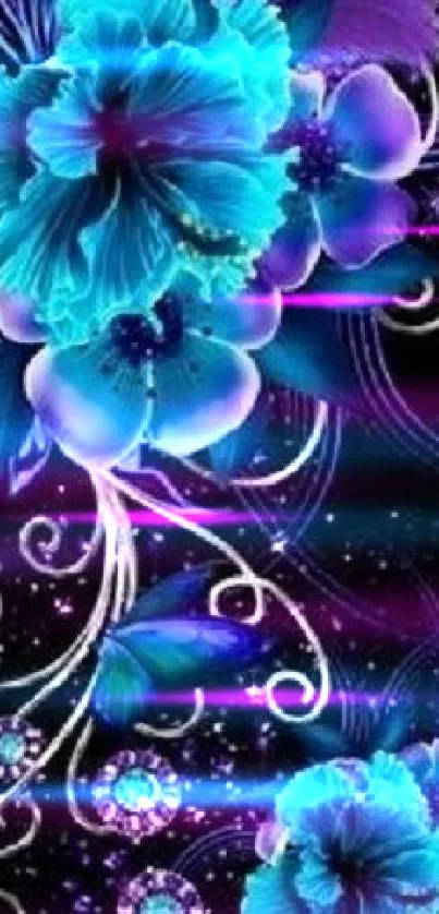 Vibrant turquoise and purple floral phone wallpaper on black background.