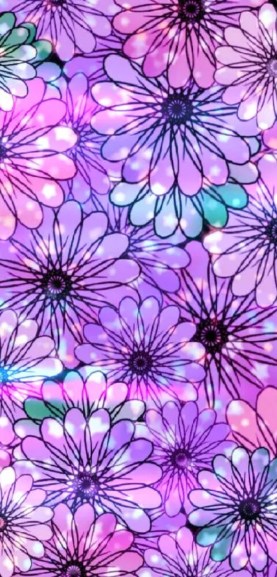 Colorful floral pattern on purple wallpaper.