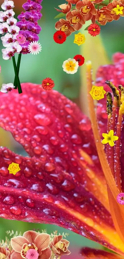 Vibrant red lily with dew and colorful blossoms wallpaper.