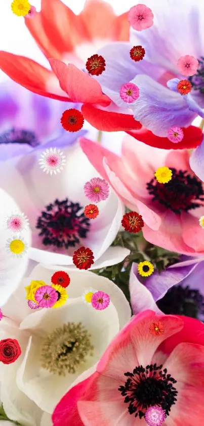 Vibrant anemone flowers in red, purple, and white hues for a stunning mobile wallpaper.