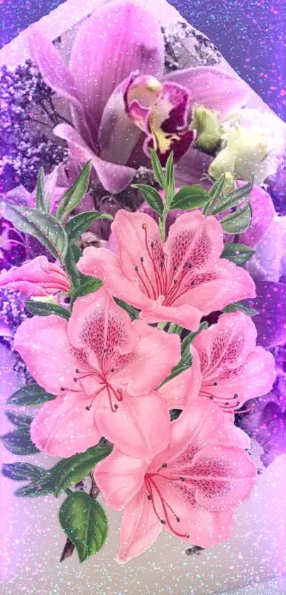 Pink and purple floral phone wallpaper design.