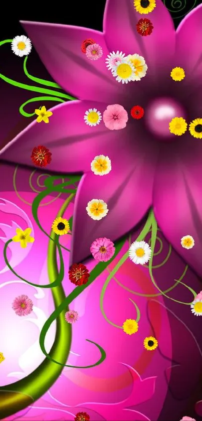 Vibrant pink flower on black background wallpaper.