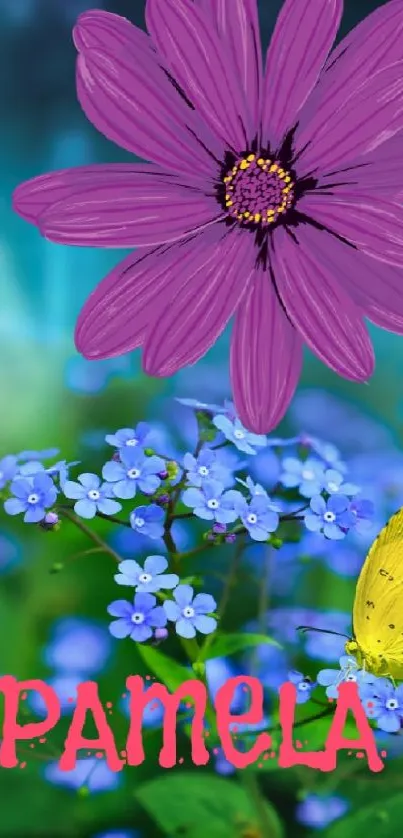 Purple daisy with blue flowers and yellow butterfly wallpaper.