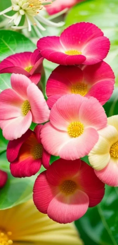 Vibrant pink and yellow flowers with lush green leaves.