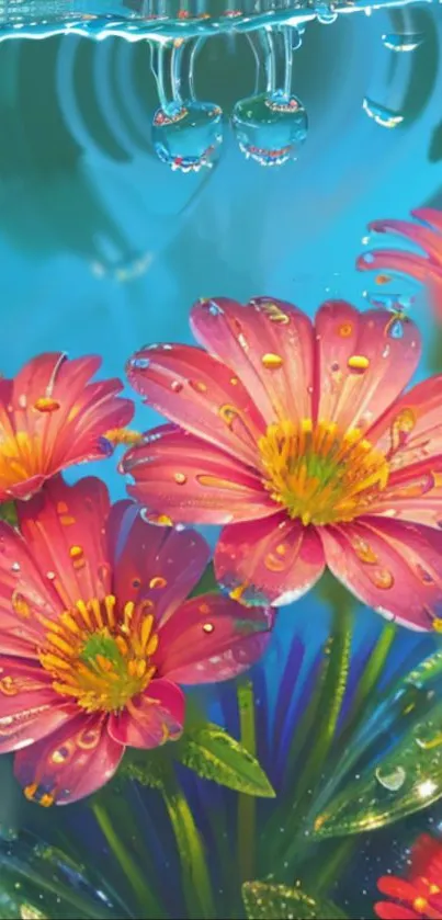 Vibrant pink flowers underwater with droplets in cyan background.