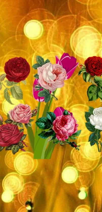 Vibrant floral phone wallpaper with colorful roses on a glowing yellow background.