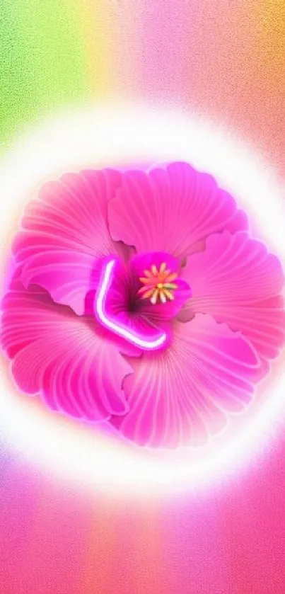 Vibrant pink hibiscus flower with colorful background gradient.