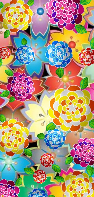 Vibrant multicolor floral pattern wallpaper with abstract designs.