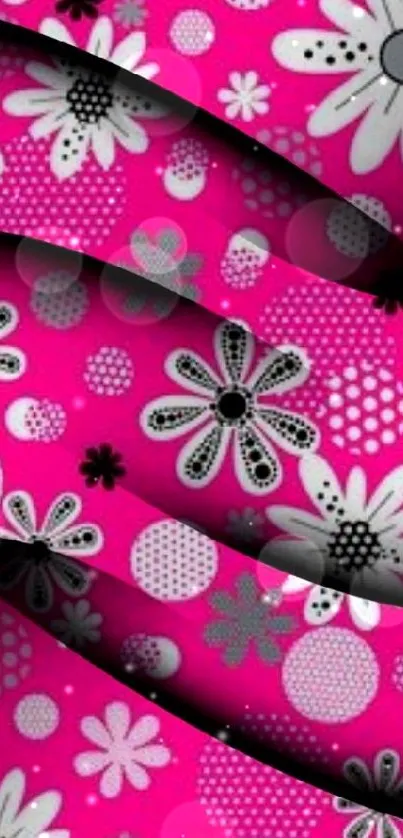 Bright pink wallpaper with playful floral pattern.