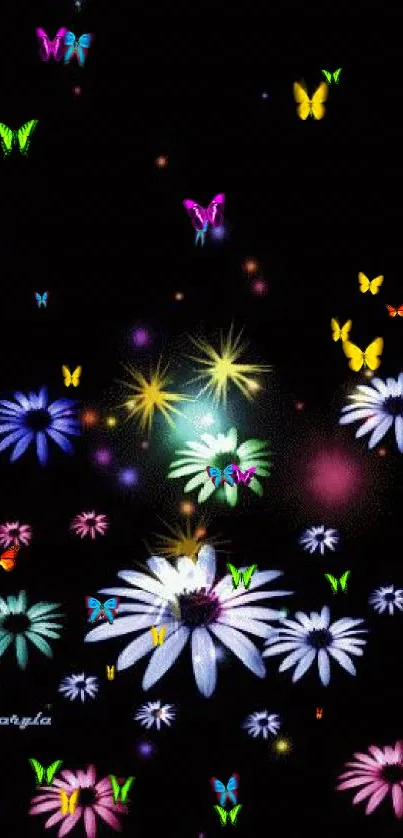 Vibrant floral wallpaper with glowing flowers on black background.