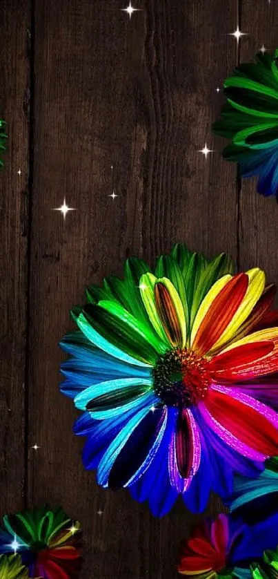 Vibrant neon flowers on dark wood wallpaper.