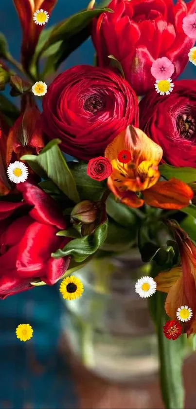 Vibrant bouquet of red and orange flowers in a vase with blue background.