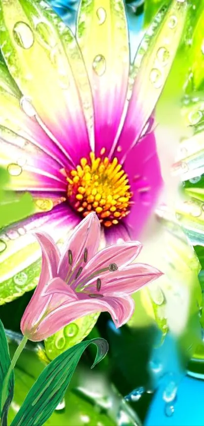 Vibrant floral wallpaper with colorful flowers and lush green background.