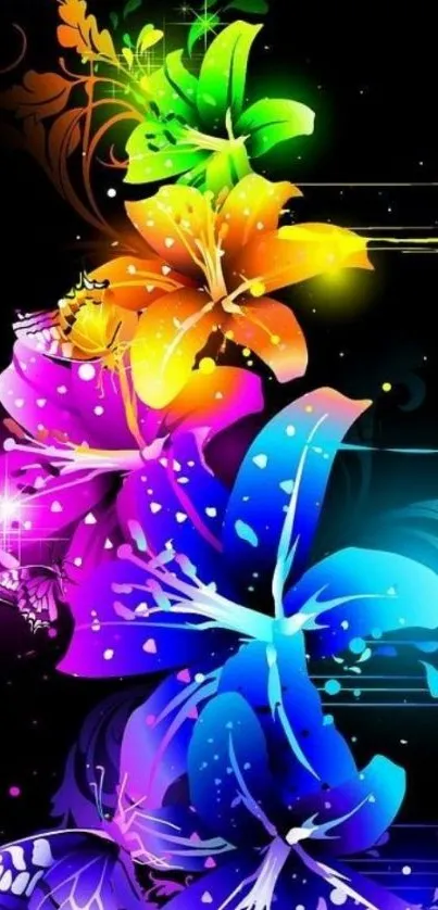 Vibrant floral wallpaper with colorful flowers and abstract design on a black background.