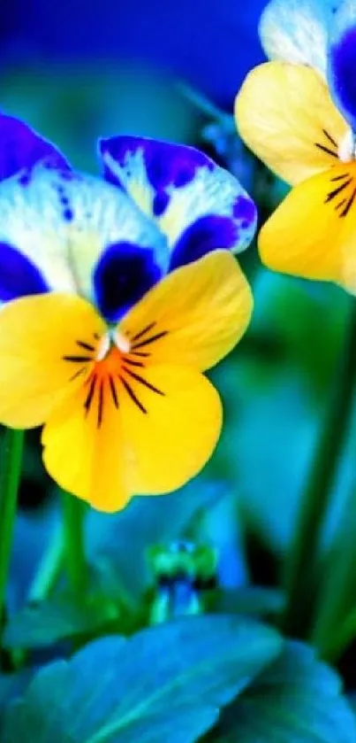 Vibrant pansy flowers with lush green leaves in a bright and colorful phone wallpaper.