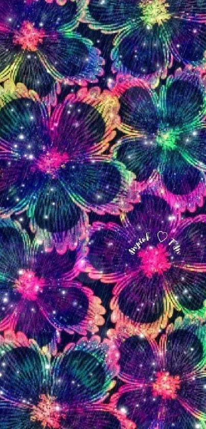 Vibrant galaxy-themed floral mobile wallpaper with colorful flowers.