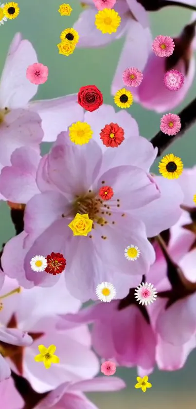 Pink cherry blossoms and colorful flowers on a phone wallpaper.