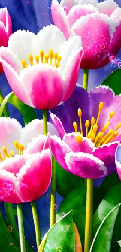 Vibrant watercolor tulips in pink, white, and purple hues with green leaves.