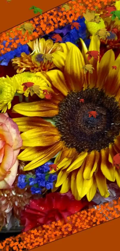 Vibrant floral wallpaper with sunflowers and roses.