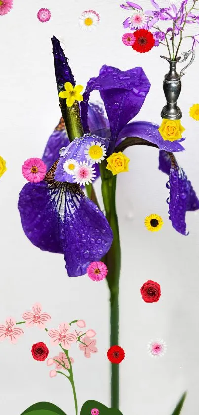 Vibrant purple iris flower with colorful blossoms on a mobile wallpaper.