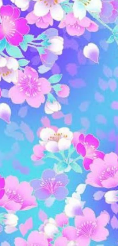 Floral wallpaper with pink blossoms on blue background.