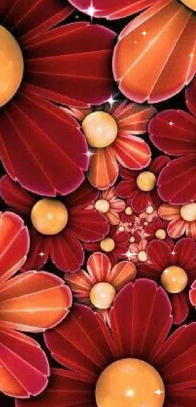 Vibrant red and orange floral wallpaper with glowing yellow centers.