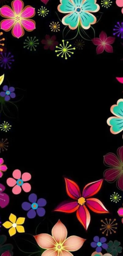 Colorful floral wallpaper with black background