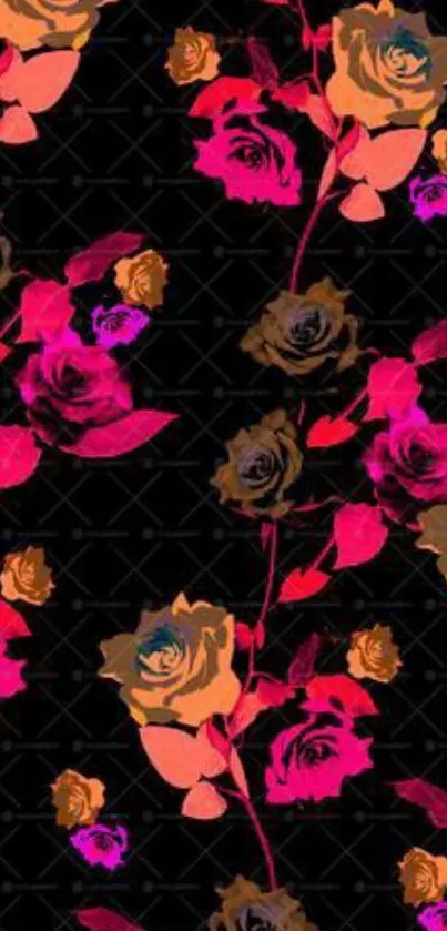 Vibrant floral wallpaper with colorful roses on a black background.