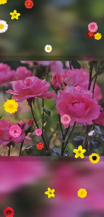 Colorful flowers and vivid pink roses wallpaper for mobile.