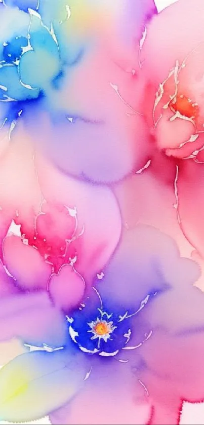 Vibrant floral wallpaper with pink and blue watercolor flowers.