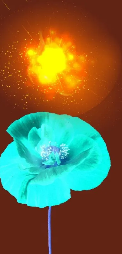 Vibrant blue flower with fiery background on wallpaper.