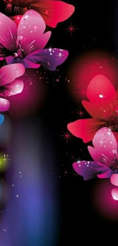 Vibrant neon floral wallpaper with black background.