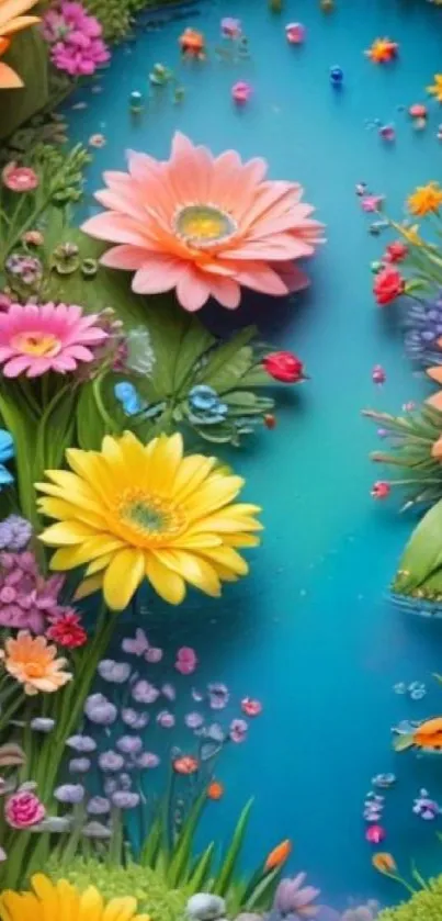 Colorful floral fantasy wallpaper with vibrant blooms and serene blue background.