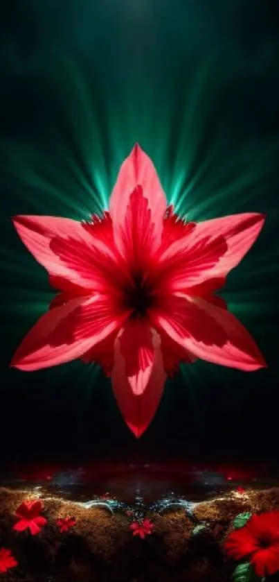 Striking red flower on mobile wallpaper backlit by soft light above.