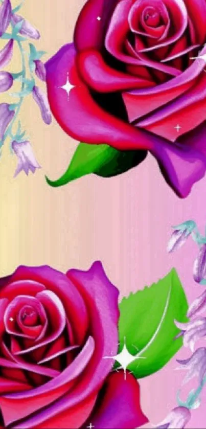 Vibrant floral wallpaper with red roses and pastel colors.