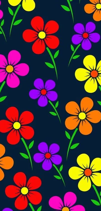 Vibrant floral wallpaper with colorful flowers on a dark background.