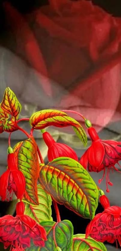 Vibrant wallpaper with red flowers and green leaves, perfect for phone.