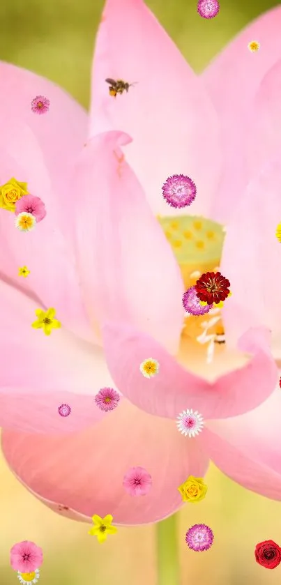 Pink lotus wallpaper with tiny colorful flowers and a bee.