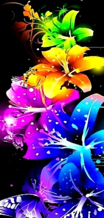 Vibrant flowers with butterflies on a black background wallpaper.